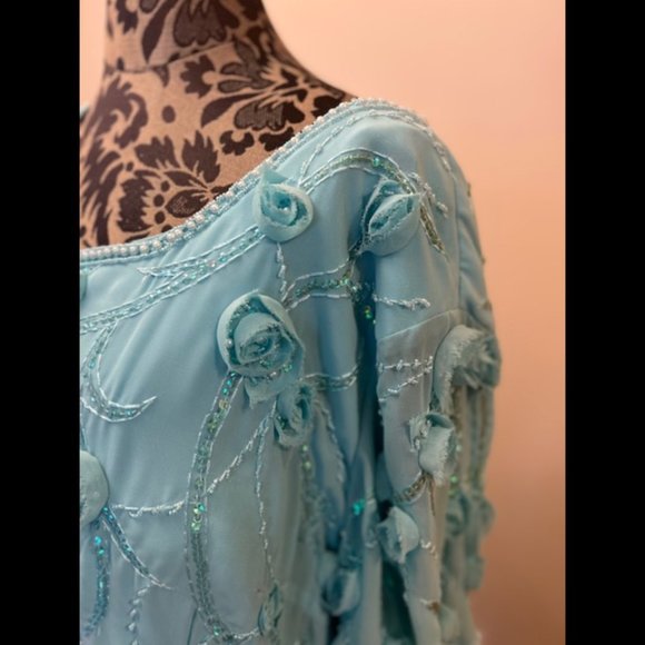Night Scene turquoise with flower sequins pearl detail chiffon dress size 6XL - Picture 3 of 4